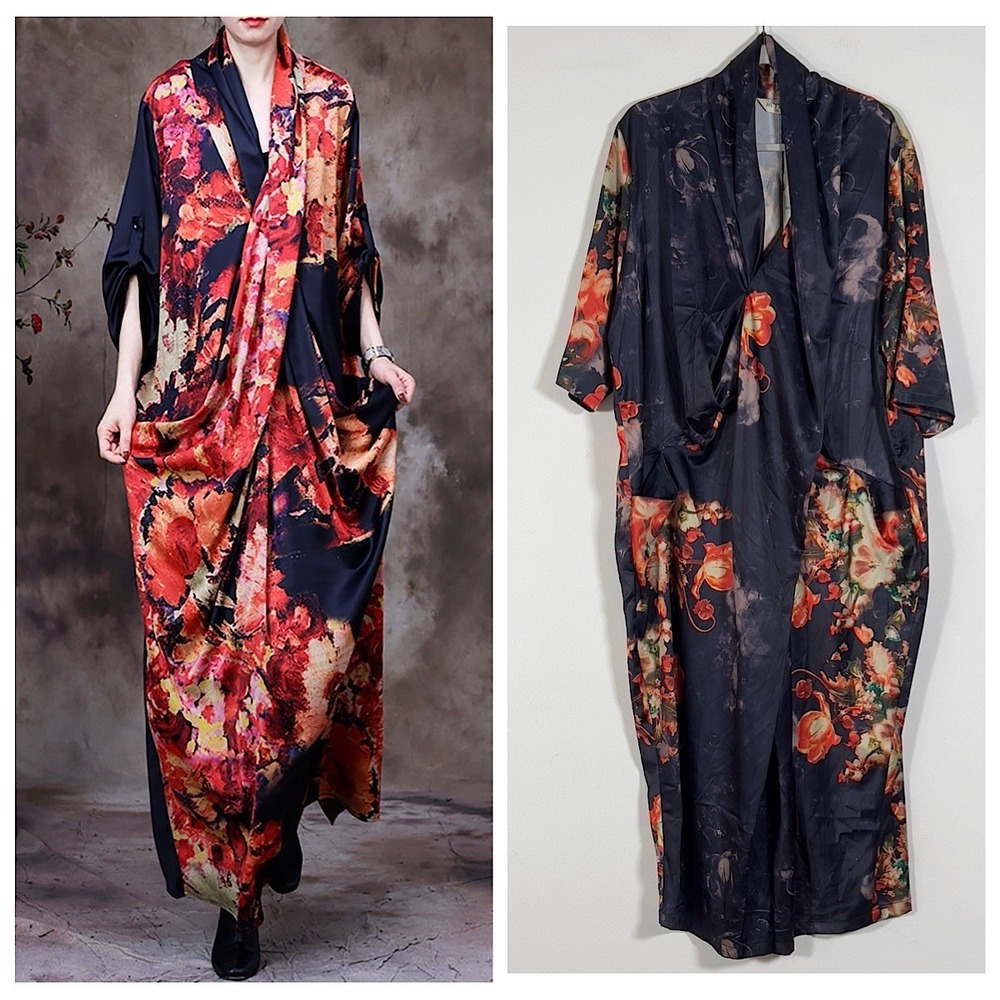 BUYKUD Drapey‎ V-Neck Boho Maxi Dress Womens Sz XL Blue Floral Artsy